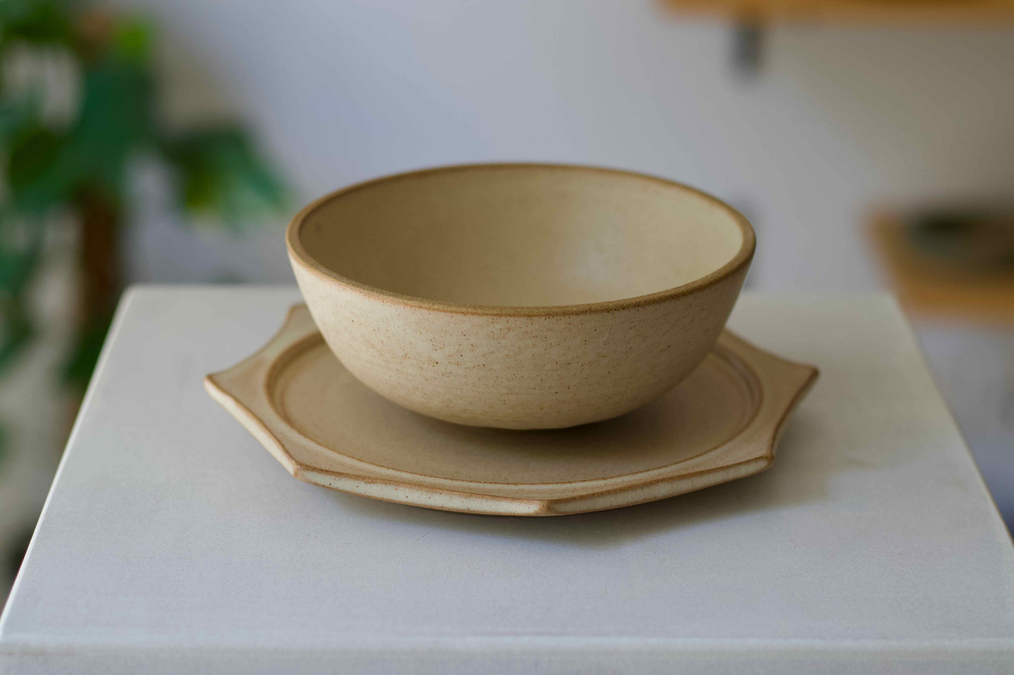 Beige ceramic bowl and plate set on a white surface with a blurred background