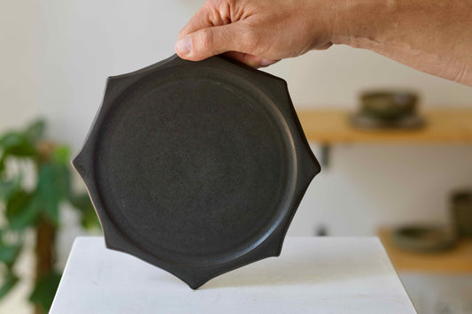 Person holding a black ceramic dish with a blurred indoor setting in the background